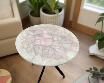 Handcrafted Rose Quartz Coffee Table Top: Natural Crystal Accent