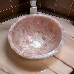 Real Rose Quartz Vessel Sink – Handmade Luxury Natural Stone Bathroom Basin – Elegant Pink Crystal Vanity Bowl for Spa & Home Décor