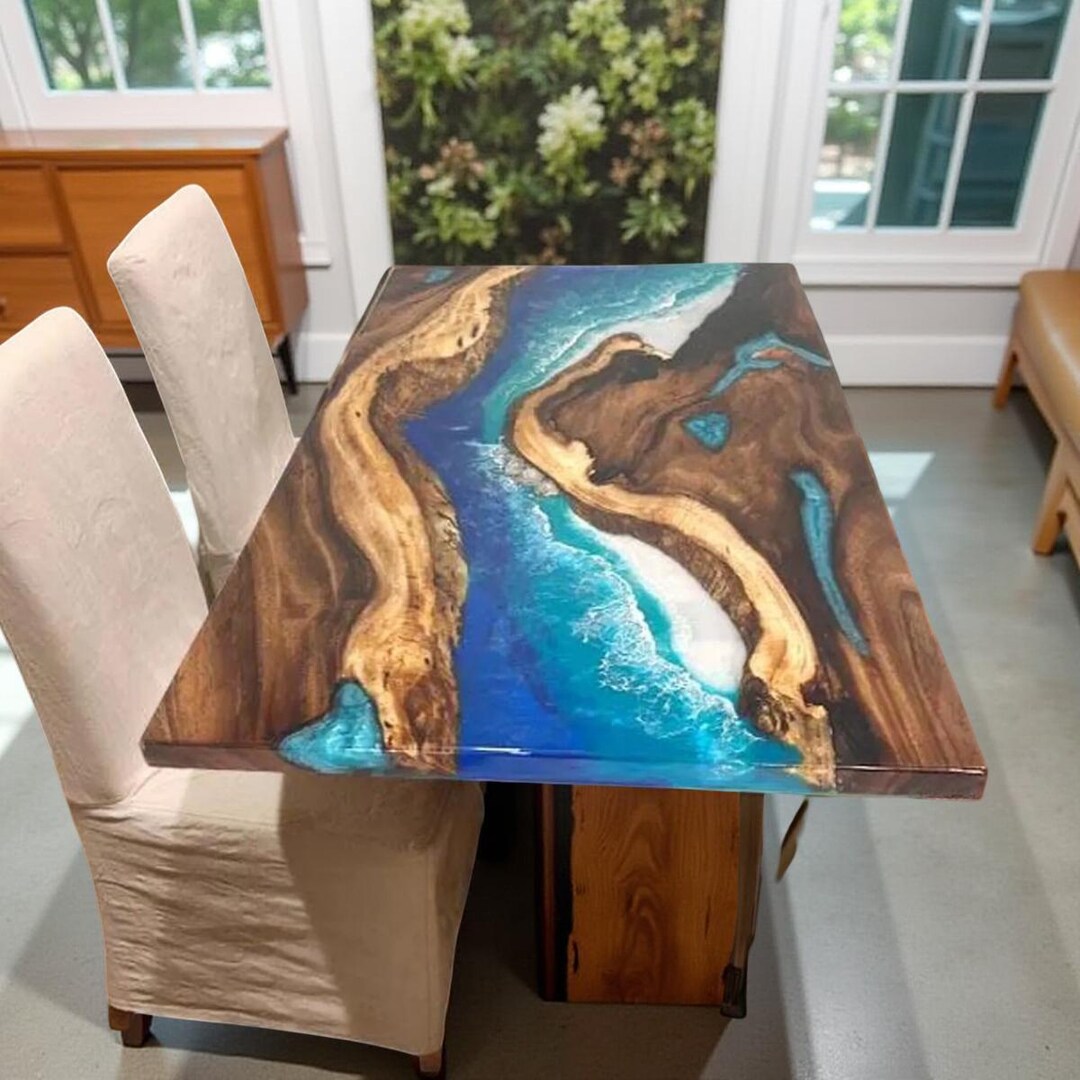Live Edge Epoxy Resin River Dining Table: Handmade Ocean Blue Art - Etsy