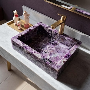 Handmade Amethyst Crystal Vessel Sink | Natural Purple Gemstone Bathroom Basin | Luxury Rectangular Stone Vanity Sink | Custom Bath Decor