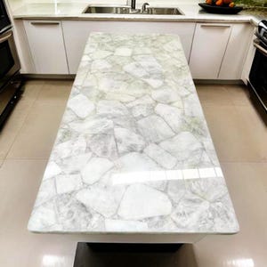 White Quartzite Dining Tabletop: Modern Stone Kitchen Island