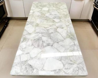 White Quartzite Dining Tabletop: Modern Stone Kitchen Island