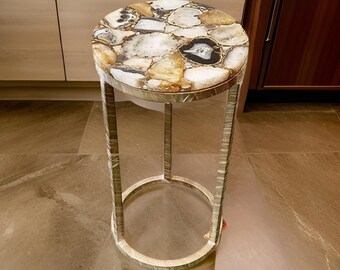 Handcrafted Round Agate Stone Side Table: Luxury Accent Decor