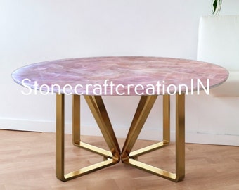 Rozenkwarts salontafel, kwartsbank middentafelblad, kristallen rozenkwarts ronde tafel, woonkamertafel, handgemaakt modern meubilairdecor