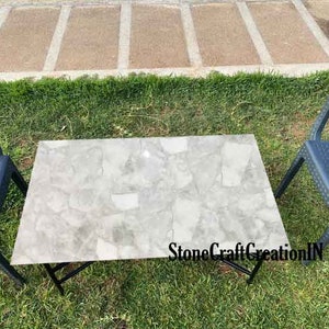 White Quartz Agate Counter Top Slab, Crystal Agate Quartz Center Outdoor Coffee Table Slab, Luxury Furniture Decor