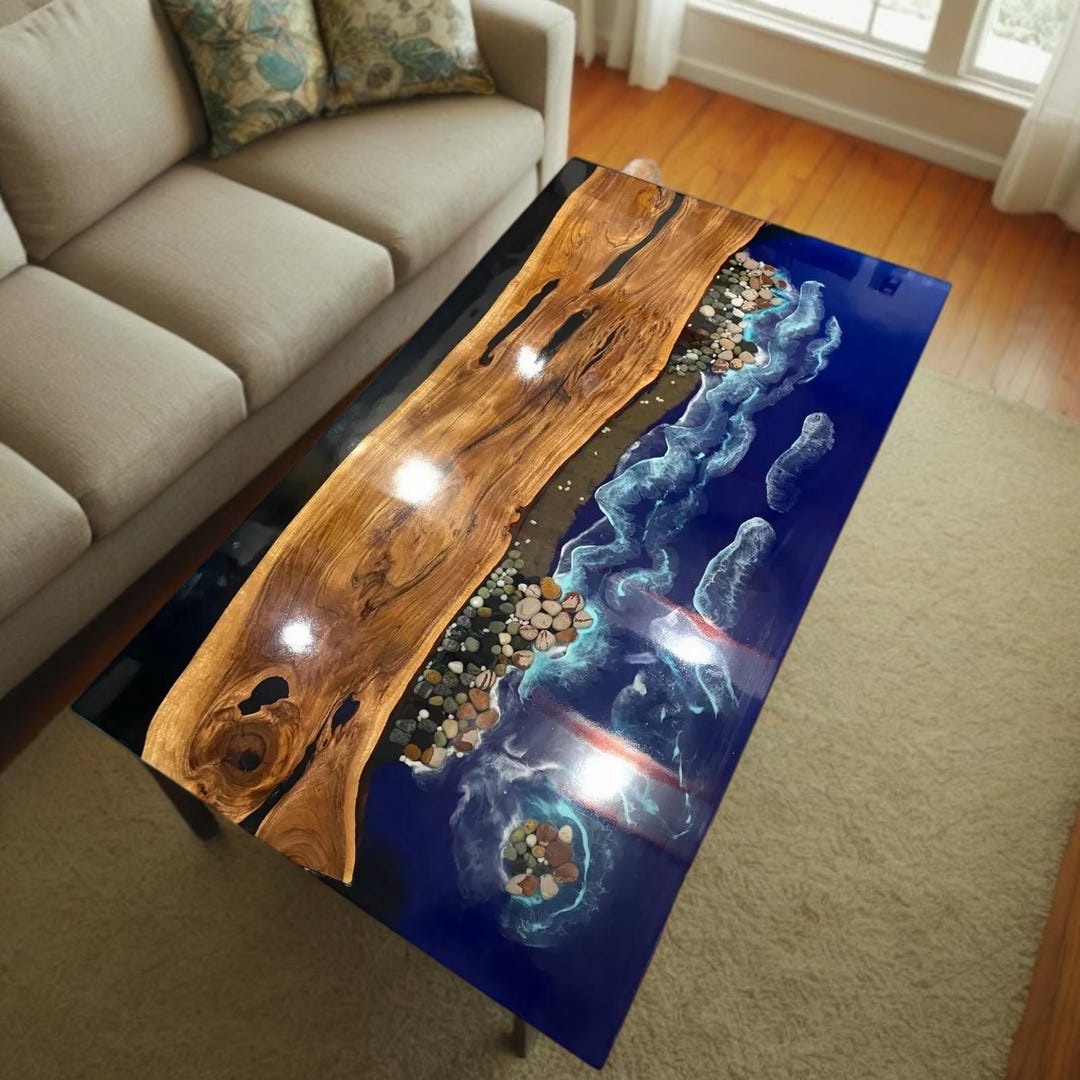 Handcrafted Ocean Wave Epoxy Dining Table: Live Edge Wood & Resin Art ...