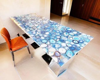 Handmade Blue Agate Table Top: Modern Gemstone Decor