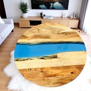 Handmade Wood & Blue Epoxy Resin Coffee Table - Round Center Table
