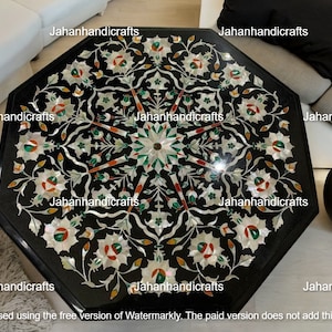 Black Marble Inlay Coffee Table, Handmade Semi Precious Stone Pietra Dura Inlay Work Art, Centerpiece Furniture