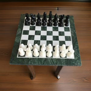 Green Marble & White Onyx Chess Set - Handmade Stone Chess Board with Gemstone Pieces - Luxury Game Décor