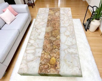 Handmade White Quartz Table Top: Golden Petrified Stone Inlay