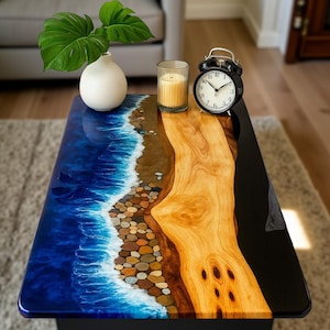 Ocean Wave Epoxy Resin Table – Handmade Beach Scene Wood Table with Stones – Unique Coastal Decor Coffee Table