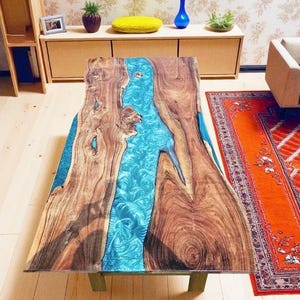 Epoxy Coffee Table with Iron Stand Custom Order Epoxy Resin River Console Coffee Table Natural Acacia Wooden Dining Tables Counter Desk Buy