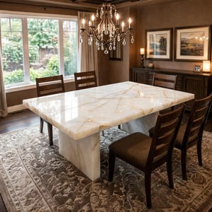 May include: A rectangular dining table with a polished white onyx top and a solid base, surrounded by four dark brown wooden chairs with horizontal slats. The table sits on a large patterned area rug in a room with dark walls and a chandelier.