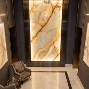 White Onyx Wall Panel | Luxury Translucent Stone Wall Cladding | Custom Backlit Onyx Feature Wall | Natural White Onyx Slab