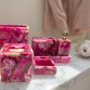 Elegant Pink Agate Bathroom Set, Bathroom Accessories, Luxury Living Room Bath Decors, Bath Vanity Top Housewarming Gifts Decors