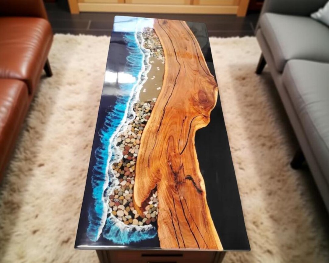 Ocean Wave Epoxy Resin Coffee Table: Handmade Wood & Turquoise Beach ...