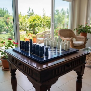 Handcrafted Marble Chess Set: Lapis Inlay Stone Board, Luxury Gift