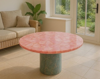 Handmade Rose Quartz Table Top | Pink  Stone Coffee Table | Luxury Home Furniture