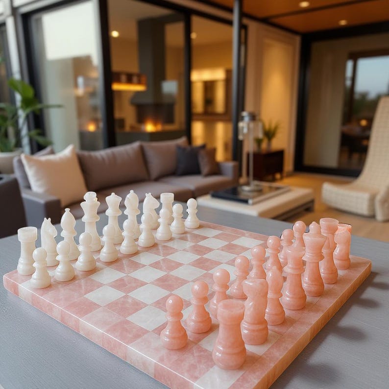 Handmade Rose Quartz Chess Set: Marble Inlay Board, Gemstone Pieces