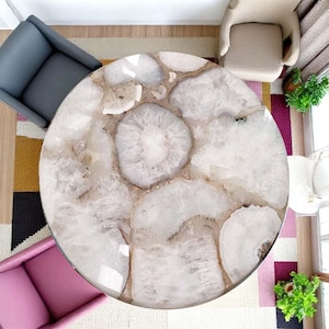 White Quartz Stone Coffee Table Top | Luxury Natural Gemstone Table | Handmade Quartz Furniture for Modern Living Room Décor