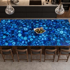 Custom Blue Agate Kitchen Island Countertop | Luxury Translucent Gemstone Slab, Backlit Island