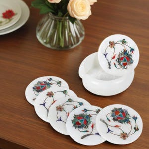 White Marble Coaster Set, Dinnerware Coaster Pairs, Marble Inlaid Coaster, Floral Marquetry Art of Coaster Set Gifts For Her
