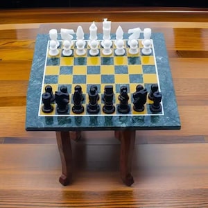 Green Marble Chess Table Top, Marble Chess Set Top, Vintage Chess Collection with Chess Sets, Christmas Chess Set For Him Gifts