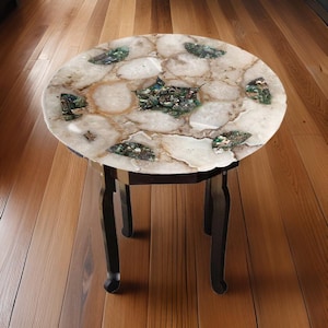 Exquisite White Quartz Round Coffee Table with Abalone Shell Inlay – Handmade Luxury Stone Tabletop, Elegant Accent for Home Décor Furniture