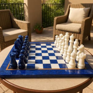 Handmade Lapis Stone Chess Table: Modern Gemstone Inlay