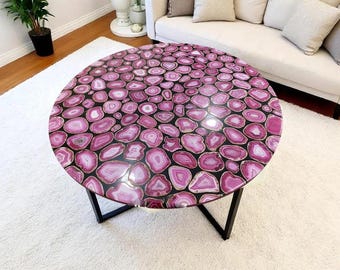 Luxury Pink Agate Table Top – Handmade Crystal Gemstone Coffee Table Furniture