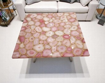 Handmade Pink Agate Square Coffee Table Top, Natural Gemstone Slab, Stylish Living Room Table