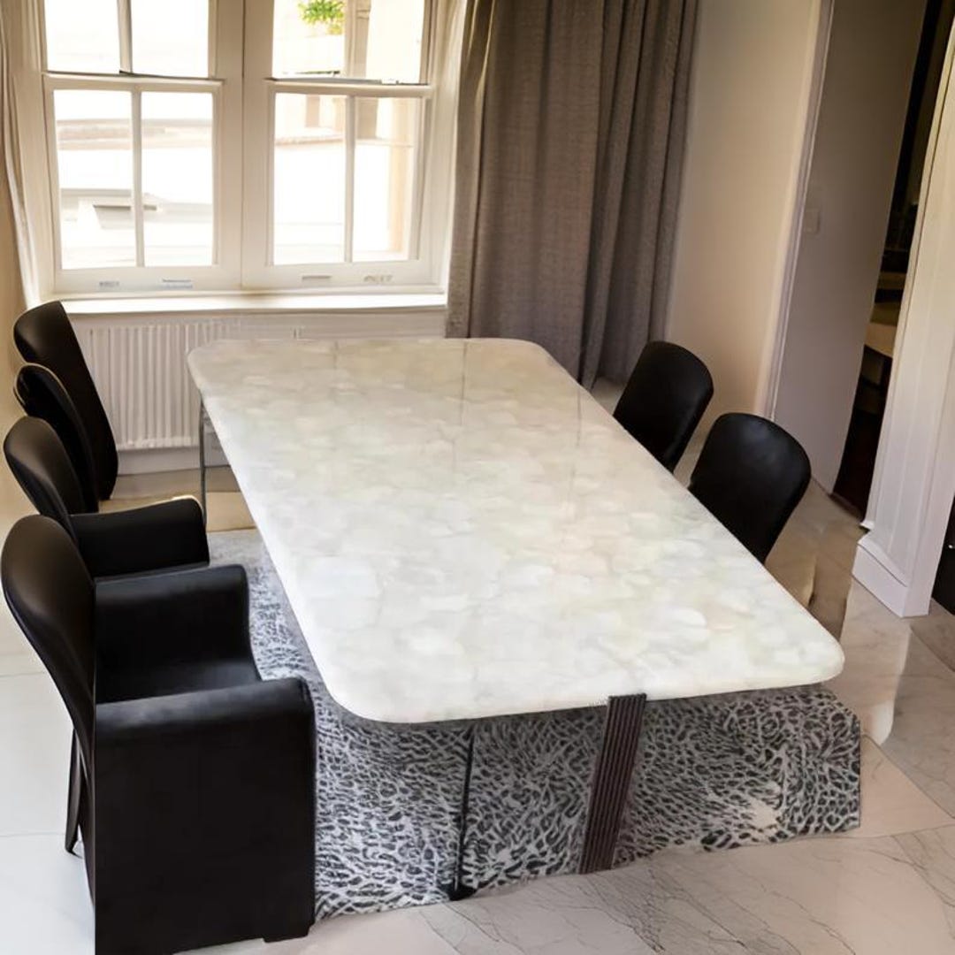 Luxury White Quartz Dining Table - Handmade Natural Gemstone Slab Table, Semi-precious Stone ...