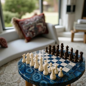 Handmade Blue Agate Chess Set: Marble Board & Stone Pieces