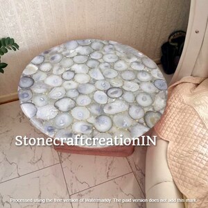 White Slat Agate Round Coffee Table, Agate Stone Center Table For Modern Furniture Home Decor