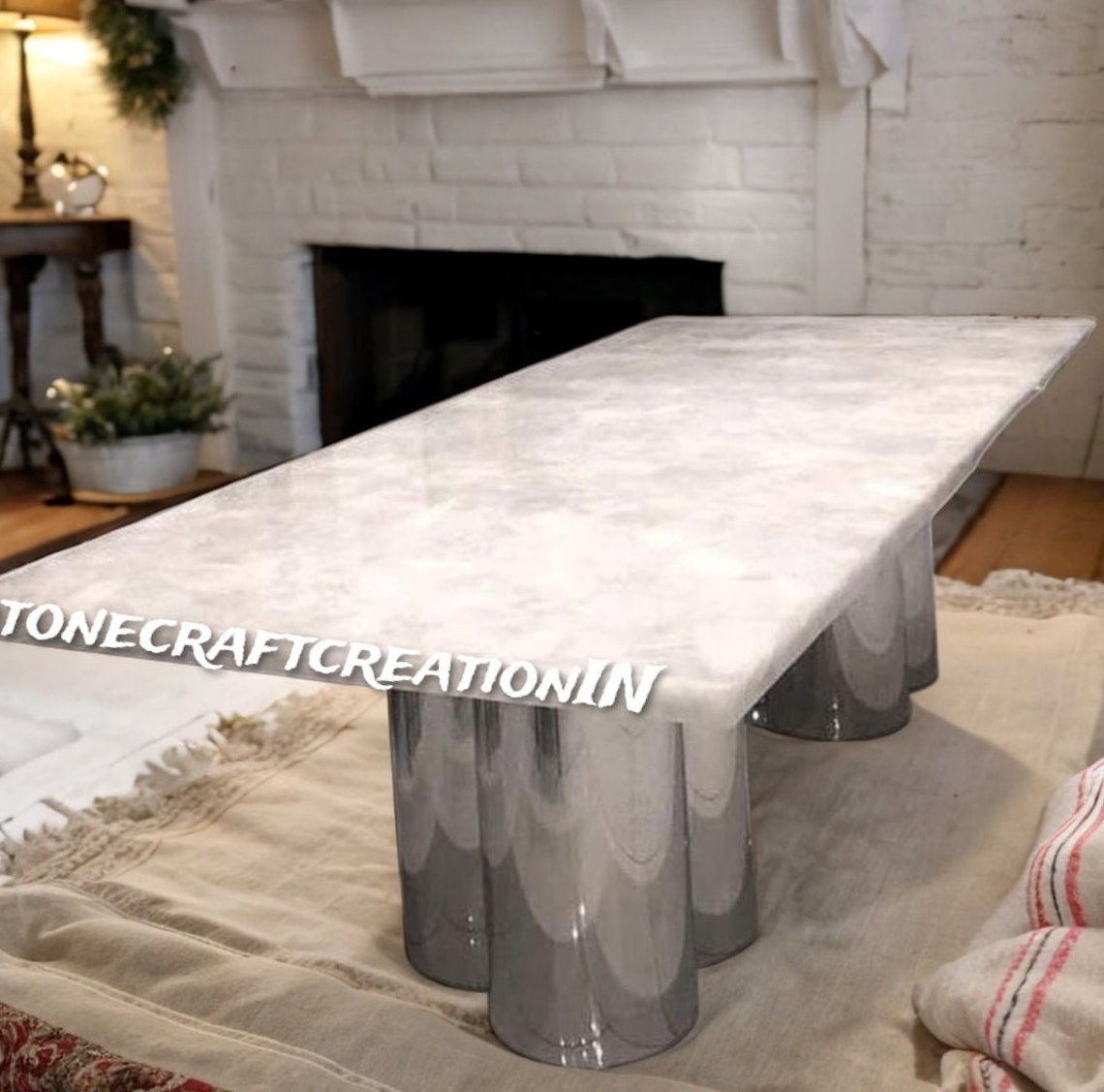 White Quartz Stone Dining Table, Natural Quartz Kitchen Slab, Handmade