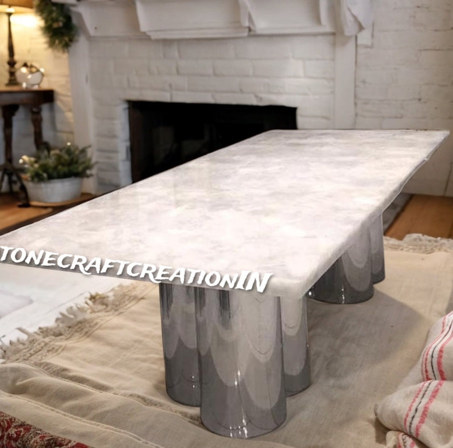 White Quartz Stone Dining Table, Natural Quartz Kitchen Slab, Handmade