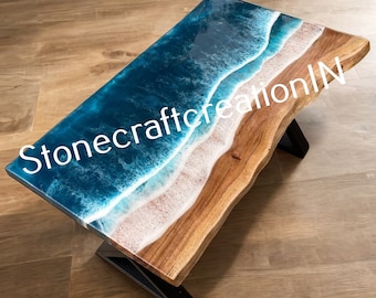 Tavolo epossidico Ocean Waves, tavolo epossidico, piano tavolo in legno in resina epossidica, caffè epossidico e piano tavolo da pranzo, arredamento interno del soggiorno