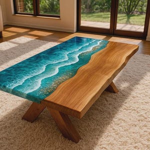 Blue Ocean Walnut Epoxy River Table - Live Edge Accent Furniture