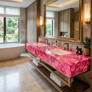 May include: A bathroom vanity featuring a vibrant pink agate stone countertop with two integrated white rectangular sinks, gold-toned faucets, and a slatted wooden shelf below holding folded white towels, set against a marble wall.