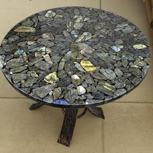 Labradorite Stone Coffee Table Top, Gemstone Round Centerpiece Living Room Furniture Table Top, Unique Elegant Table For Home Decor