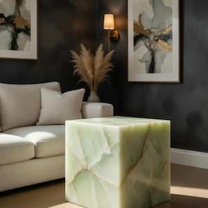 Green Onyx Cube Side Table | Modern Natural Stone Plinth Nightstand