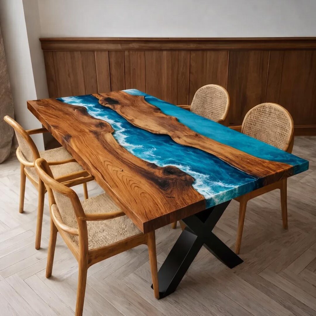 Custom Ocean Epoxy Resin Table, Live Edge Wood Dining Table - Etsy