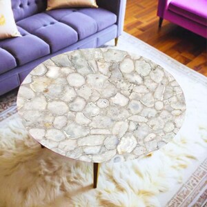 Coffee Table With White Salt Agate Natural Stone Handmade Round Living room Furniture