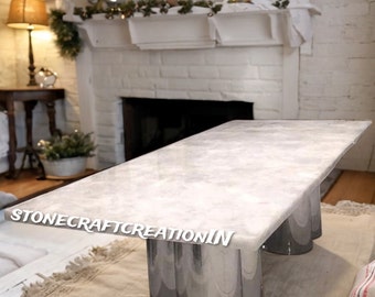 White Quartz Stone Dining Table, Natural Quartz Kitchen Slab, Handmade Quartz Counter Top Interior Furniture Decor