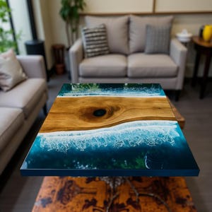 Handmade Ocean Epoxy Resin Coffee Table Top: Square Wooden Desk
