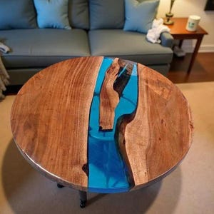 Blue Epoxy Resin Coffee Table Top: Handmade Modern Wood Furniture