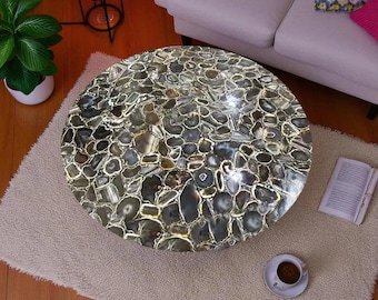 Black Agate Stone Coffee Table Top: Handmade Luxury Gemstone Centerpiece