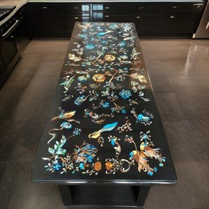 Handmade Black Marble Inlay Dining Table – Floral & Bird Pietra Dura Design – Luxury Stone Tabletop for Kitchen or Living Room Décor