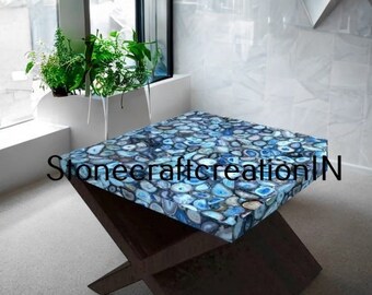 Blue Agate Table, Gemstone Table, Agate Table, Stone Dine table, Blue Agate Square Side & Sofa Table Top, Living Decor Countertop Furniture